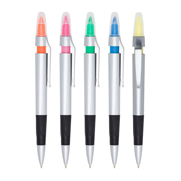 Caneta plástica esferográfica e marca texto com corpo prata - ACO 12415